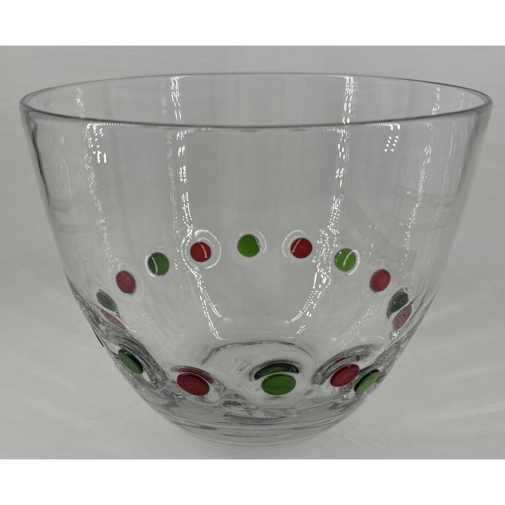 Bowl Blown Glass Carlo Moretti Style Murano Style‎ Green Red Polka Dots VTG MCM